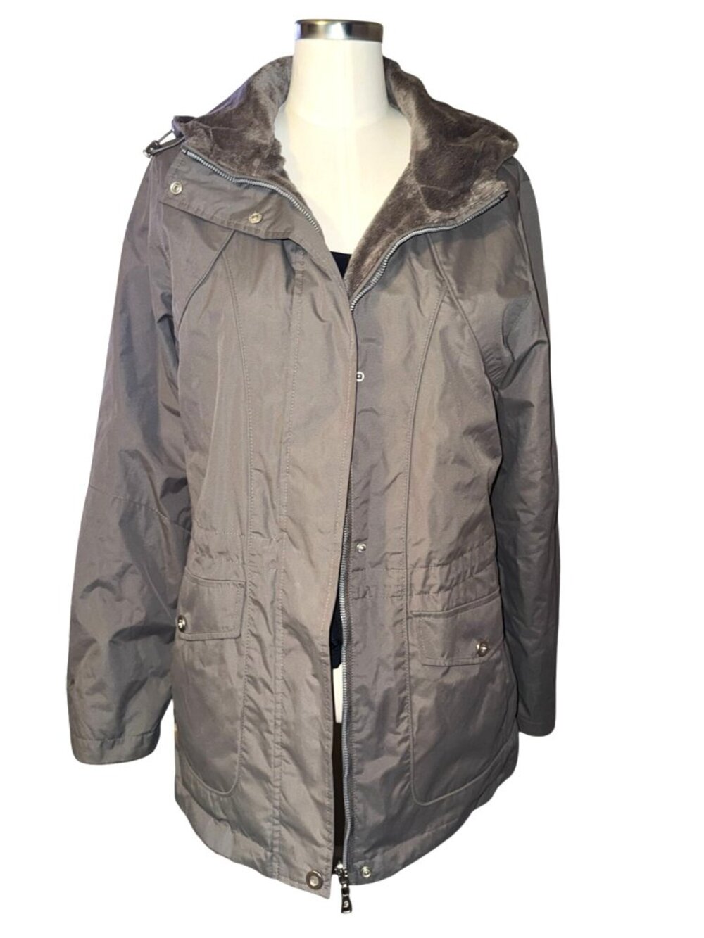 Free Country Reversible Faux Fur Hooded Jacket Gray Small With Adjustable Waist